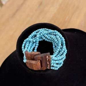 Blue Turquoise Beaded Bracelet with Wood Clasp